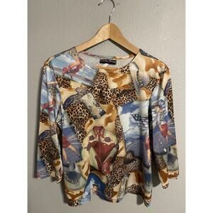 Vintage Cactus Flower Womens Top Large Colorful Mixed Media Stretch Artsy 90s